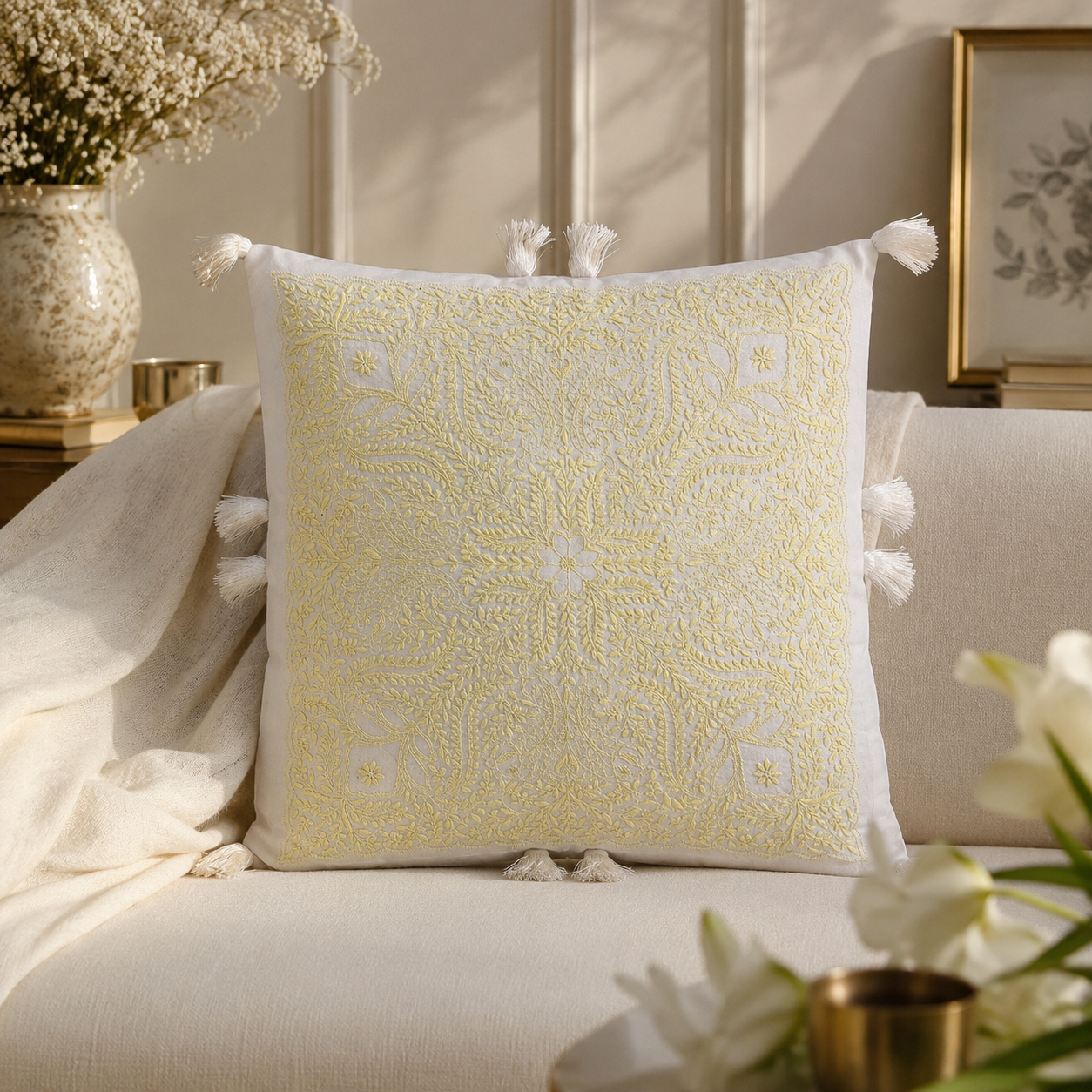 White Peridot Chanderi Cushion Cover