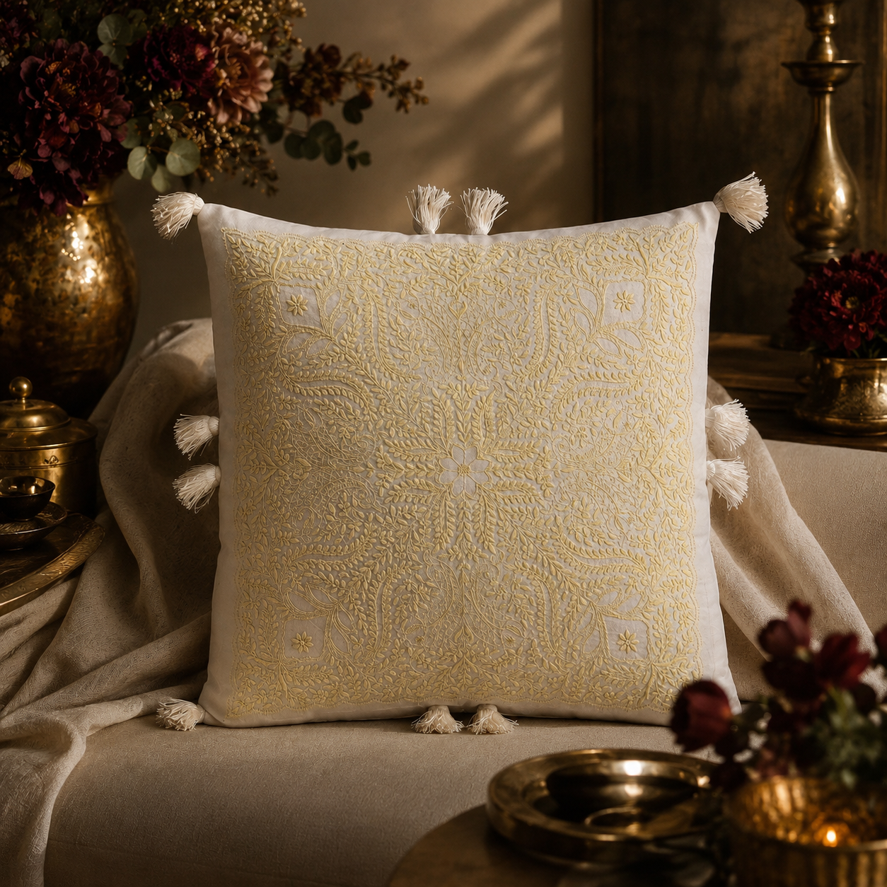 White Peridot Chanderi Cushion Cover