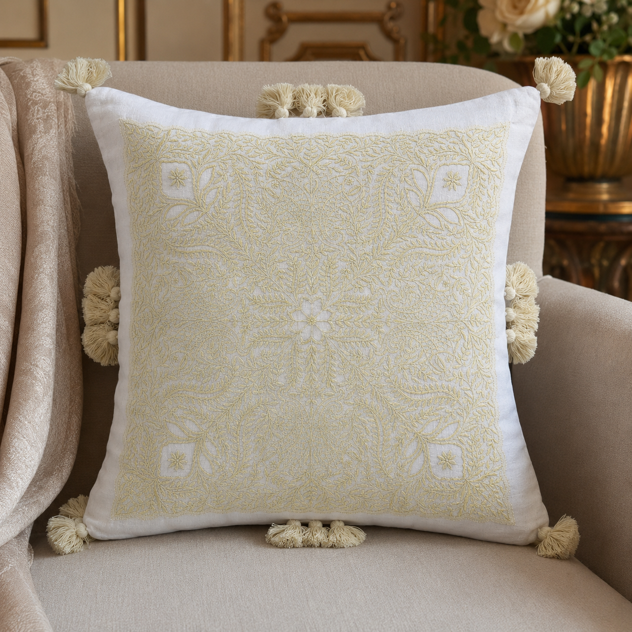 Ivory Citrine Chanderi Chikankari Cushion Cover