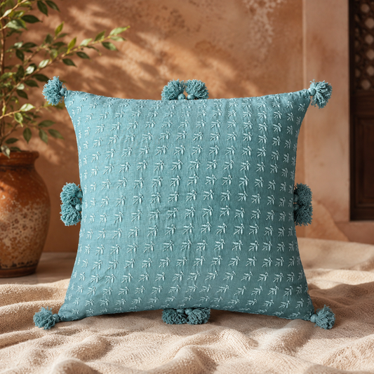 Teal Tourmaline Chanderi Chikankari Cushion Cover