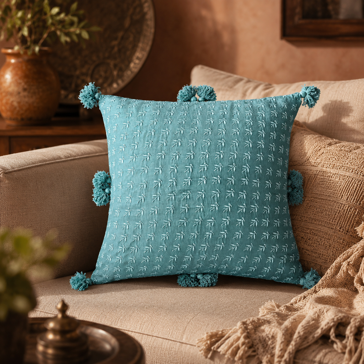 Teal Tourmaline Chanderi Chikankari Cushion Cover