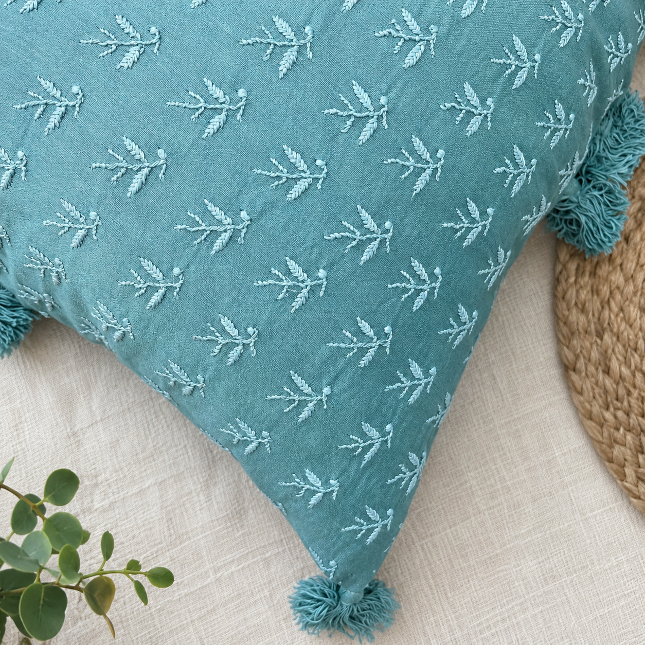 Teal Tourmaline Chanderi Chikankari Cushion Cover
