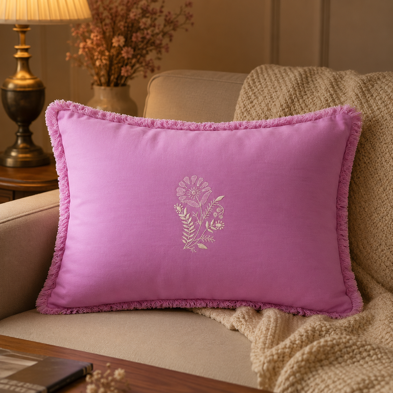 Pink Quartz Chanderi Chikankari Cushion Cover