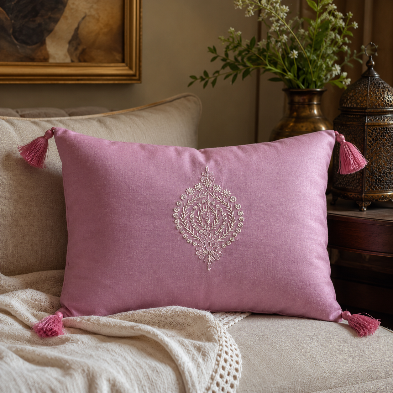Rose Pair Chikankari Cushion Cover
