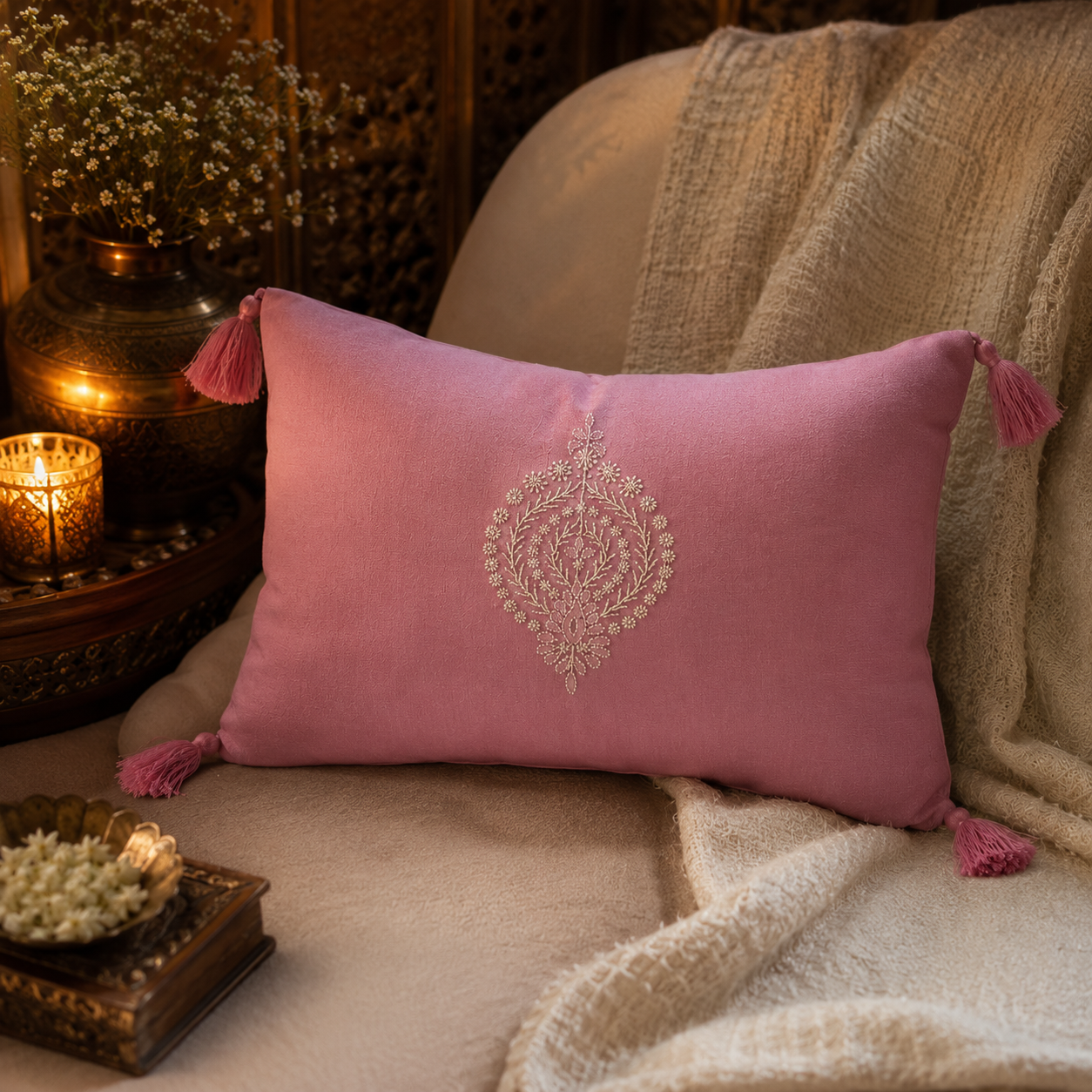 Rose Pair Chikankari Cushion Cover